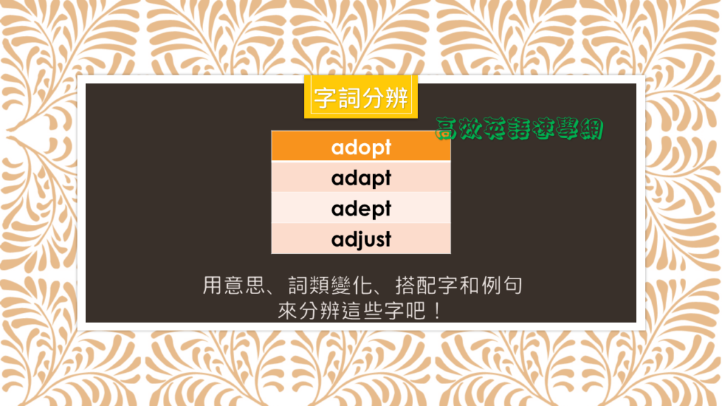 字詞分辨adopt,adapt,adept,adjust
